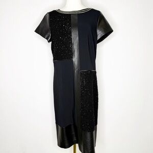 Basler Black Beaded Faux Leather Shift Dress Size 10 | Short Sleeve Panel Design